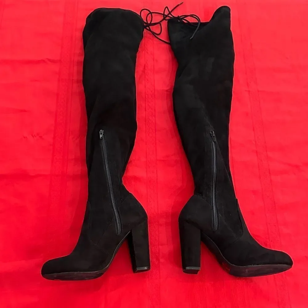 Olivia Ferguson Chic Black Suede Over the Knee Tie/Zip Boots Size 7.5